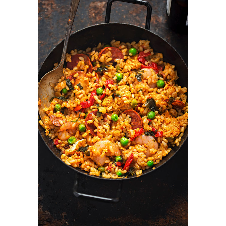 Ebern Designs Leinwandbild Chicken, King Prawn & Chorizo Paella von